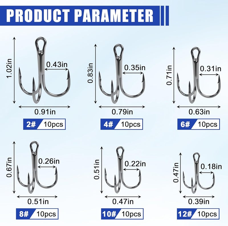 Shaddock Fishing Fishing Treble Hooks Kit High Carbon Steel Treble Fishing Hooks Ring Set Strong Sharp Round Bend for Trout Bass Catfish Lures Baits Freshwater Saltwater - Image 2